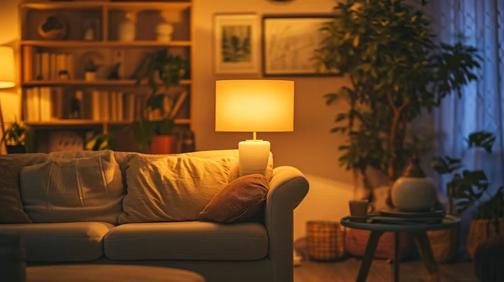 A calm living room in a Wellington home during the early evening, with warm lamp light and a quiet, unhurried atmosphere