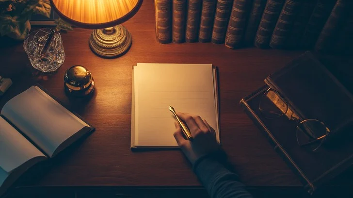 An open notebook with an evening habit plan written in clear handwriting on a wooden desk, beside a cup of tea
